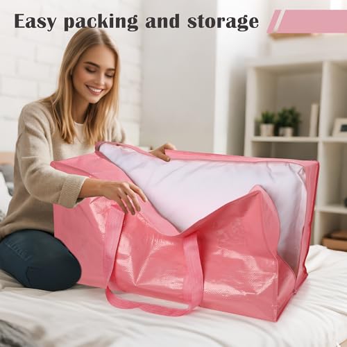 Image of 12 Pack Moving Bags with Full-Open Side Zipper, Extra Large 93L Heavy Duty Waterproof Foldable Storage Totes for College Dorm, Moving & Home Organization Pink