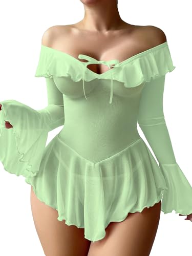 Image of OYOANGLE Women's 2 Piece Off Shoulder Long Sleeve Ruffle Mesh Sheer Nightgowns with Thongs Babydoll Lingerie Set