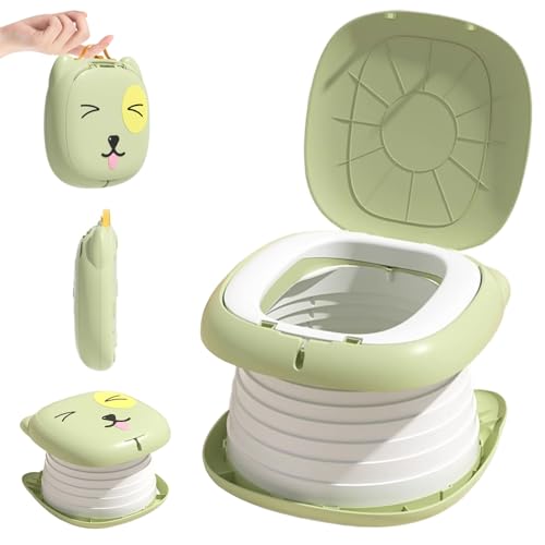 Orinal de viaje 9.4x 1.9in Flip Green ABS Estable Plegable Estilo de dibujos animados Orinal portátil Inodoro de emergencia para niños pequeños, viajes, camping y uso al aire libre..