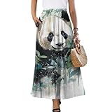 Irisjudy Watercolor Panda Long Boho Skirts for Women Bamboo Panda Elastic High Waist Pleated A-Line Flowy Swing Skirt Chinese Animal Flared Flower Skirt for Girls