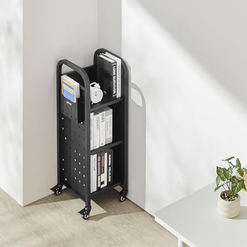 VEVOR Bücherwagen, 100 kg Tragkraft, Bibliothekswagen, 32 x 35 x 93,5 cm, einseitiges L-förmiges Bücherregal mit Doppelbremsrollen, Bücherregalwagen für Wohnzimmer, Büro, Schule, Schwarz