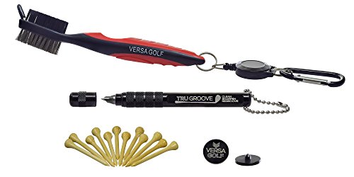 VersaGolf Golf Club Cleaning Brush and Groove Tool Combo - Keep Your Clubs in Top Shape - Improves Backspin and Ball Control - Free Ball Markers and 12 Bamboo Tees - Use on Woods and Irons - Gift Set