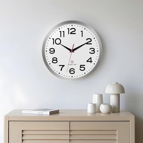 Image of Roymnie 14 Inch Atomic Wall Clock, Battery Operated Silent Non Ticking | Silver analog wall clock; bold numerals for easy reading; silent non-ticking; 1 AA battery (not included); for classroom