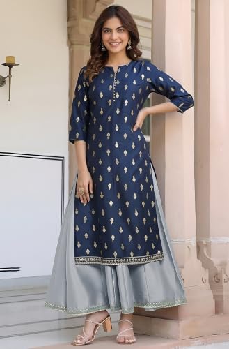 Image of Janasya Women's Silk Blend Foil Printed Anarkali Ethnic Dress with Inner