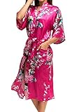 FEOYA Morgenmantel Damen Lang Satin Kimono Kostüm Blumen Bademantel Frauen Sommer Rose rot Nachtwäsche Nachtkleid V Ausschnitt Sexy Sleepwear Nachthemd Junggesellenabschied XXXL