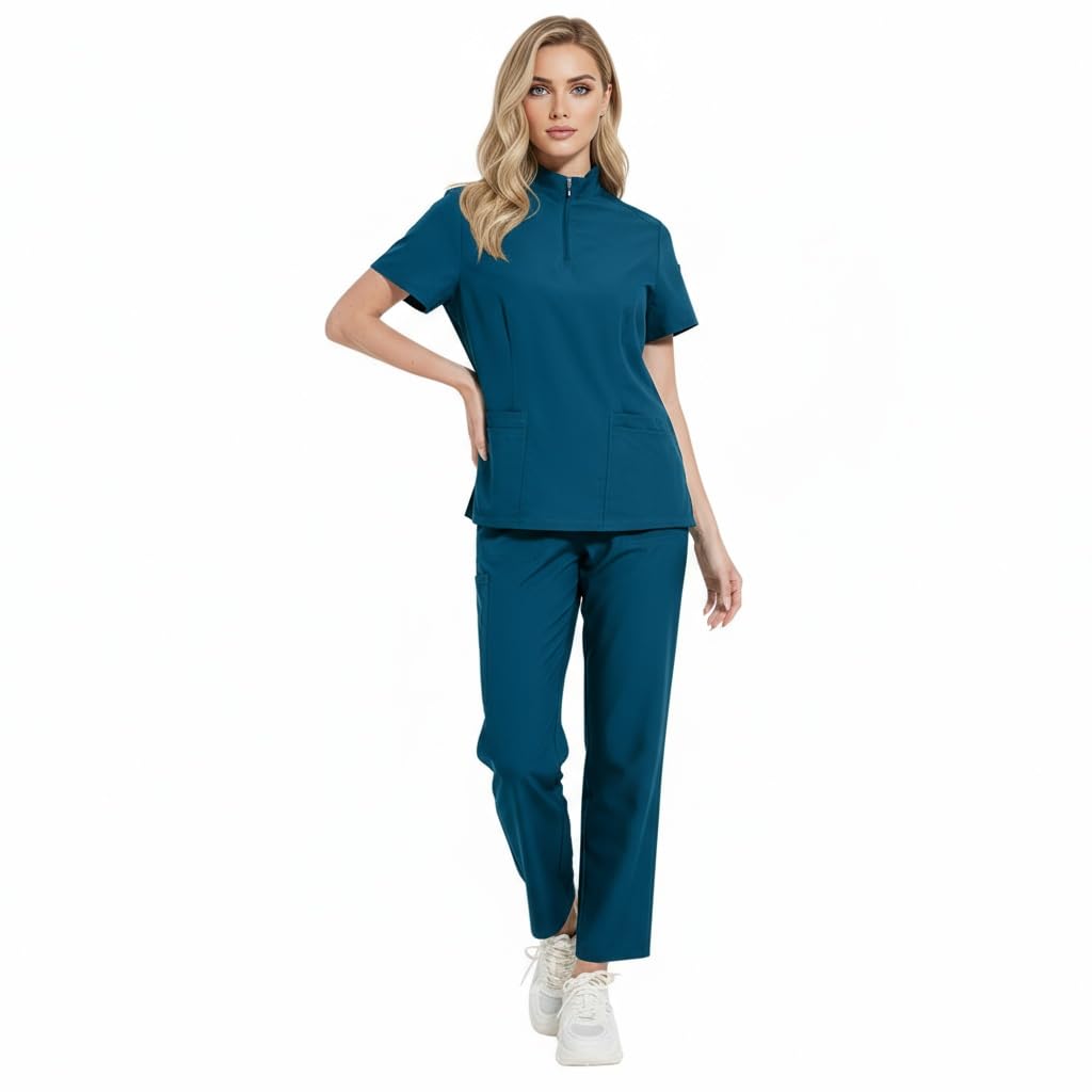 Set di scrub da donna con colletto in piedi e cerniera superiore con quattro tasche elasticizzati pantaloni da yoga per assistenza medica uniforme da lavoro salone di bellezza DK50