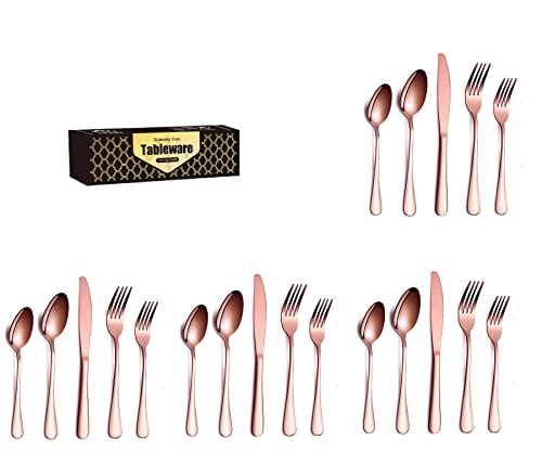 Image of aDai Combo Set of 20 Premium Rose Gold Cutlery - Stainless Steel Luxury Dinnerware Tableware - Round Edge Serving Spoon Fork Knife - Reusable Mirror Finish for Home Kitchen Dining Table and Gift