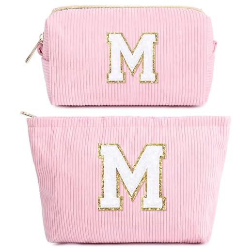 2PCS Neceser Maquillaje Mujer, Rosa Bolsa de Cosméticos de Viaje, Bolsa de Aseo con Letras, Neceser de Maquillaje de Pana, Regalo Cumpleaños Navidad para Mamá Mujeres Novias Mejores Amigas, M