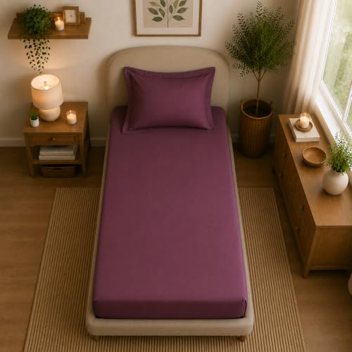 Image of Linen Home Cotton Percale Fitted Bedsheet Set Single Size Damson Berry