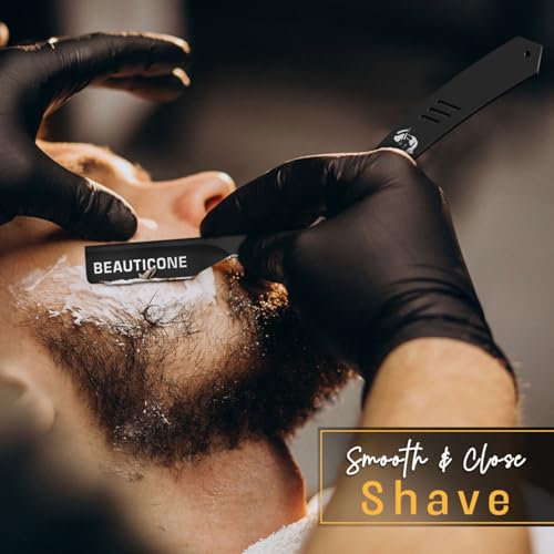 Image of BEAUTICONE Barber Straight Razor for Men - Professional Shavette with Slide-Out Blade Holder, 20 Stainless Steel Blades Included, Cut Throat Razor, All Black