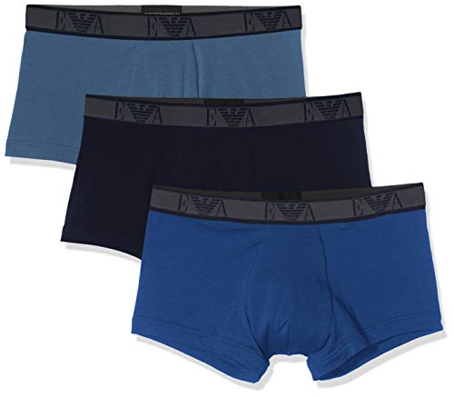 Emporio Armani mens Monogram 3-pack Trunk Underwear, Marine/Indigo/Royal Blue, Large US