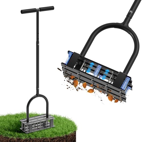 Aerator Lawn Tool - 2-in-1 Reinforced Heavy Duty Manual Lawn Aerator with 15 Spikes, Automatic Dirt and Leaf Clean Design, Adjustable T-Handle, Handheld Aerator Lawn Tool for Grass Health & Yard