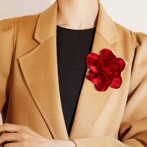 Image of Dainty Satin Fabric Flower Brooches for Women Large Rose Floral Brooch for Party Dance Wedding Banquet Elegant Camellia Fashion Brooch Pin for Women Girl 5.5inch