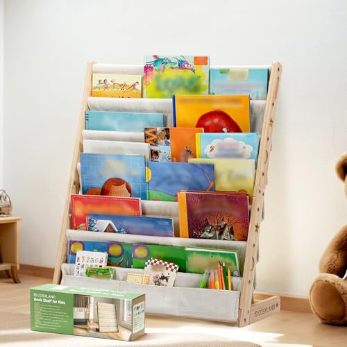 COSYLAND Libreria Montessori per Bambini Con 6 Scomparti in Tessuto Oxford - Libreria per Bambini in Legno Naturale -...