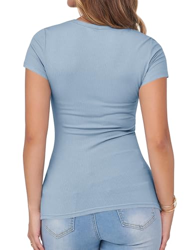 Image of Albe Rita Women Short Sleeve T-Shirt Cap V Neck Shirts for Women Ribbed Casual Top Knit Slim Fit for Summer