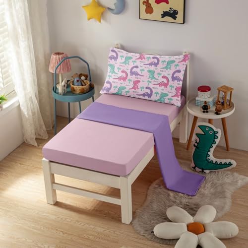 Image of 4 Piece Toddler Dinosaur Bedding Set for Girls,Pink Dino Toddler Comforter Sets Soft Bed Set Include Comforter,Fitted Sheet, Flat Top Sheet and Pillowcase,Bed in A Bag for Bedroom