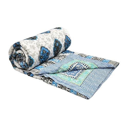 Image of BLOCKS OF INDIA Hand Block Printed Cotton King Size Quilt /Rajai | Blue Grey Rose