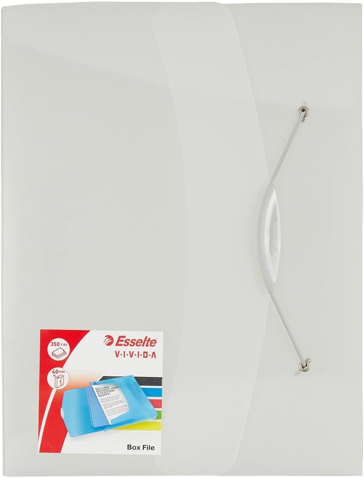 Esselte Box File, Holds up to 350 A4 Sheets, Elastic Closure, Flexible Plastic, Translucent white, VIVIDA Range