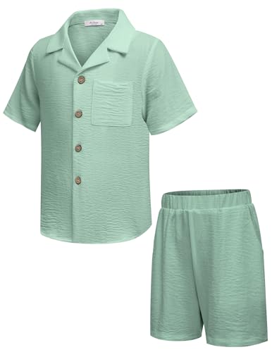 Image of Arshiner Boys 2 Pieces Summer Beach Outfits Short Sleeve Button Down Shirts and Shorts Vacation Texture Sets for Kids