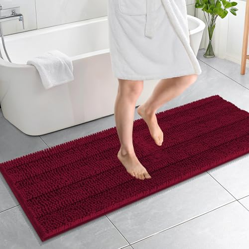 Image of OLANLY Thick Bathroom Runner Rugs 59x20, Absorbent Chenille Striped Bath Rugs, Rubber Backing, Machine Wash, Extra Long Bath Mats for Bathroom Floor, Tub and Shower, Home Decor Accessories, Burgundy