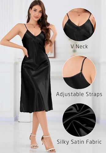 Image of ALCEA ROSEA Women's Midi Satin Slip Dress Adjustable Spaghetti Strap Nightgown Silky Under Dresses