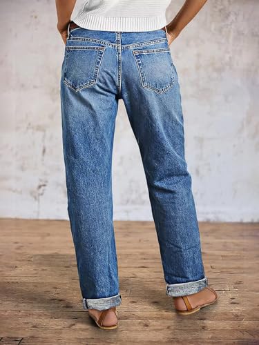 Flamingals Straight Leg Stretchy Jeans for Women Mid Rise Roll Hem Ripped Boyfriend Cuffed Jeans Without Belt4