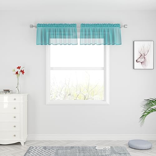 Upopo USDLRP-5415C20 Turquoise Valance 15 Inches Long Sheer Curtain Valance Living Room Bedroom Kitchen Voile Transparent Light Filtering Valance Curtain Small Short Door Window Treatment 2 Panels Rod Pocket thumb #1