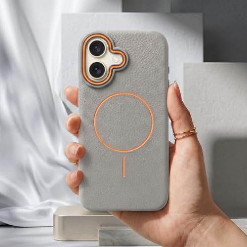 Image of amazon basics Luxury MagSafe Compatible Leather Texture Back Cover for iPhone 16 | Raised Camera Protection | Slim Fit Shockproof Case with Metallic Accents (Gray)