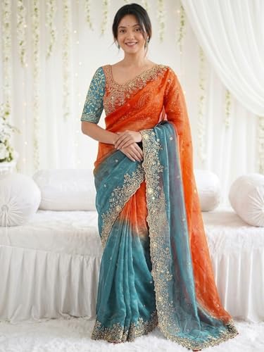 Image of SIRIL Women's Shimmer Chiffon Scalloped Border Sequins Embroidery Saree With Unstitched Blouse Piece