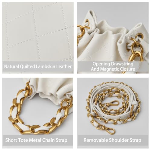 Image of DORIS&JACKY Small Top Handle Bucket Bag, Designer Lambskin Drawstring Crossbody Purse with Chunky Chain Tote Strap