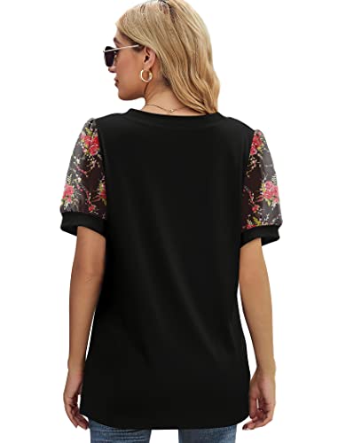 Image of Aokosor Womens Summer Tops V Neck T Shirts Swiss Dot Puff Sleeve Tops Loose Casual Tshirts