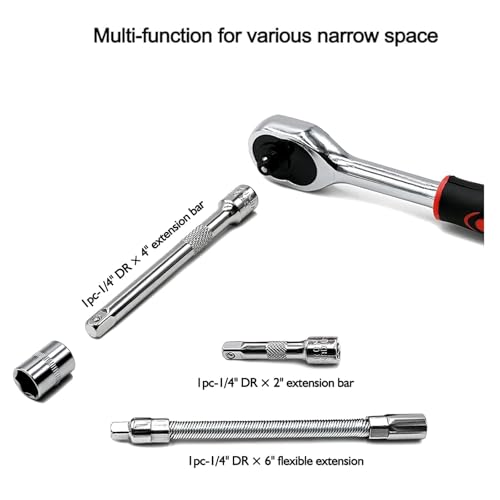 46-Piece 1/4 Drive Socket Wrench Set with Metric Bit Sockets and Extension Bar for Auto and Home Repair, Includes Storage Case