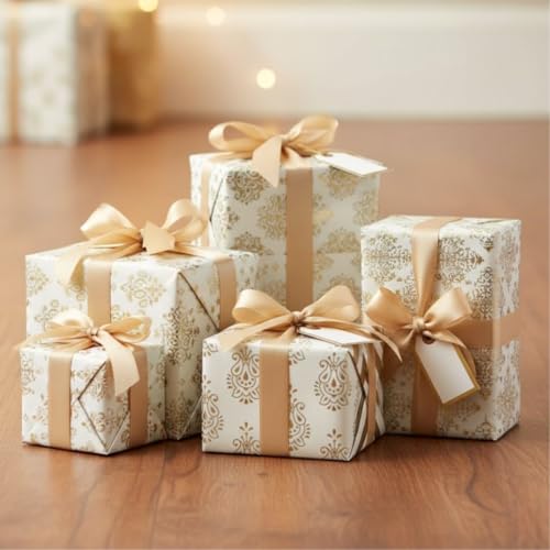 Image of SATYAM KRAFT 5 Pcs White & Golden Premium Design Gift Wrapping Paper for Him /Her gift Packing Sheets Decorative Romantic Gift Wrap for Birthday Anniversary Wedding Return Gifts Packaging material