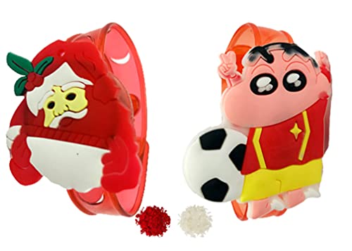 Evisha 2 Pcs Cartoon Character Kids Children LED Light Rakhi Wristband Shin Chan And Santa Clause Assorted Colour