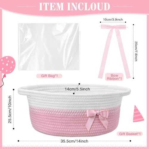 Image of Colingmill 1 Set Woven Basket for Gift Empty with Cellophane Wrap Set 14 x 10 x 5.5 Inch, Medium Decorative Gift Basket Empty to Fill, Cotton Rope Storage Box Decor (Pink White)