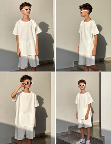 Image of Arshiner Boys Drop Shoulder T-Shirt & Drawstring Waist Shorts Summer Casual Outfits (5-12 Years)