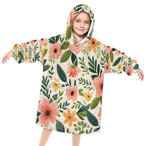 Wearable Blanket Hoodie for Kids, Modern Floral Fleece Sweatshirt Blanket Oversized Blanket Sweatshirt with Pocket Flannel Warm Hooded Blanket 6-10 Year Old Girl Boy Gift, One Size