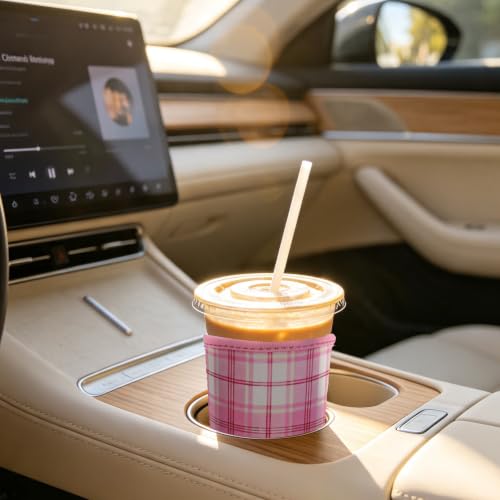 Image of KJQJLY 3 Reusable Iced Coffee Sleeves for Iced Coffee Cups or Drinks Reusable Neoprene Insulated Sleeves for Hot and Cold Drinks from Starbucks, Dunkin, And More (Preppy Pink Plaid)