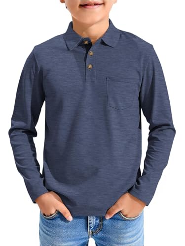 Image of Haloumoning Boys Long Sleeve Polo Shirts Kids Casual Button School Uniform Shirts with Chest Pocket 5-14 Years