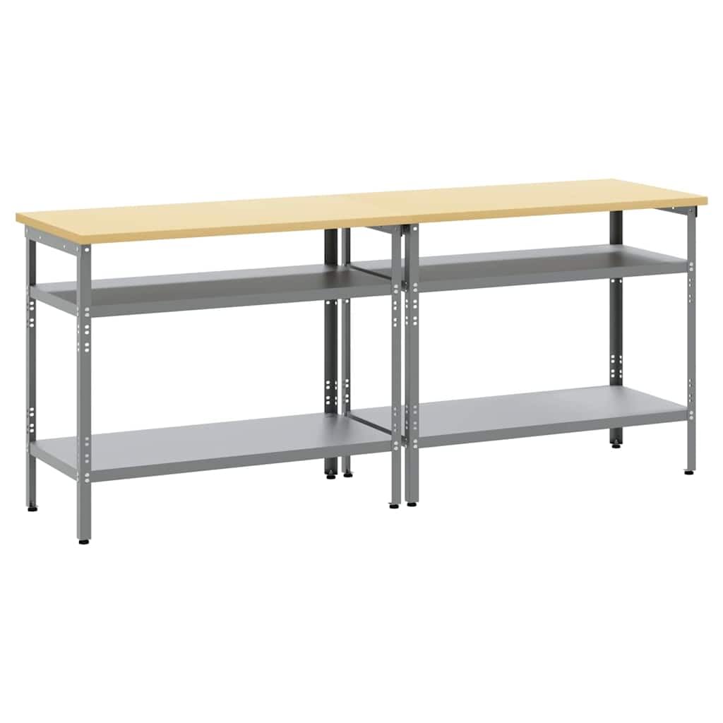 Set di 2 banchi da lavoro con scaffale, 200 x 55 x 85 cm, colore: beige e grigio