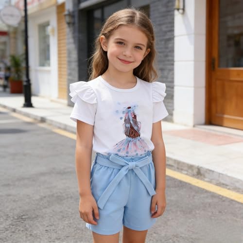 Image of 3-8 T Toddler Girls Clothing Set Ruffle Sleeve Bow Tie Top + Floral Shorts Set