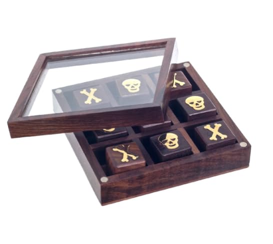 Tic Tac Toe Piratenspiel aus Holz mit Glasvitrine – Schädel und gekreuzte Knochen – 13 x 13 cm