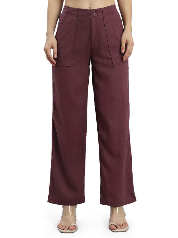 Image of GO COLORS Solid Linen Cargo Pants for Women | Full Length, Mid Rise, Side Pockets