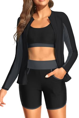 Women 3 Piece Rash Guard - Long Sleeve Swimsuit Built in Bra Swim Shirt Zip Bathing Suit with Pocket Shorts