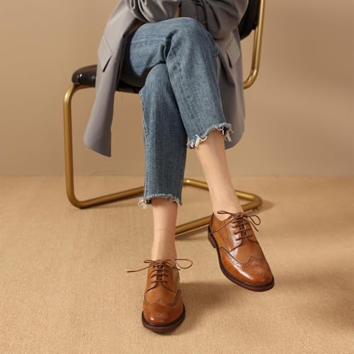 Image of BEAU TODAY Oxford Shoes for Women,Leather Brogue Dress Shoes,Comfort Brethable Ladies Lace-up Handmade Wingtip Shoes for Business Work
