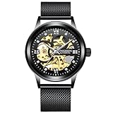 Automatic Mechanical Watch, Black Mesh Band, Skeleton Dial with Gold Movement, Men's Luxury Wristwatch