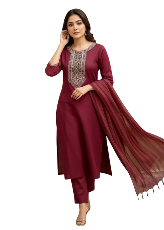 Women’s South Cotton Embroidery Work Kurta with Pant & Dupatta MAROON