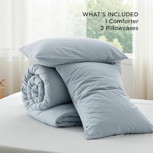 Image of Bedsure Comforter Set Queen Size - Cotton Fabric with Microfiber Inner Fill, Mineral Blue PureWoven Soft Bed Set for All Seasons, 3 Pieces, 1 Comforter (90 inch x 90 inch) and 2 Pillow Cases (20 inch x 26 inch)