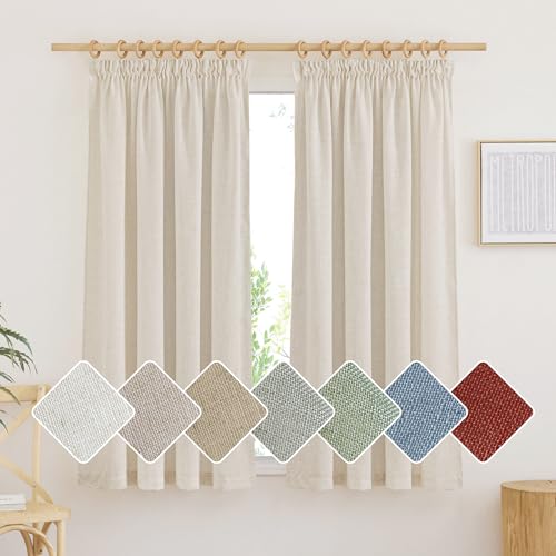 PONY DANCE Rideau Voilage Court - Rideaux Cuisine Beige en Lin Draperies Filtre de Lumière Décoration de Maison Galon Fronceur, Largeur 140 cm sur Hauteur 160 cm,...
