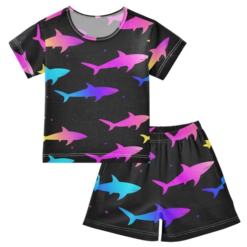 ALAZA Rainbow Shark Black Pajamas Set Short Sleeve Cotton Sleepwear Summer Pjs 2 Piece 5-14Y